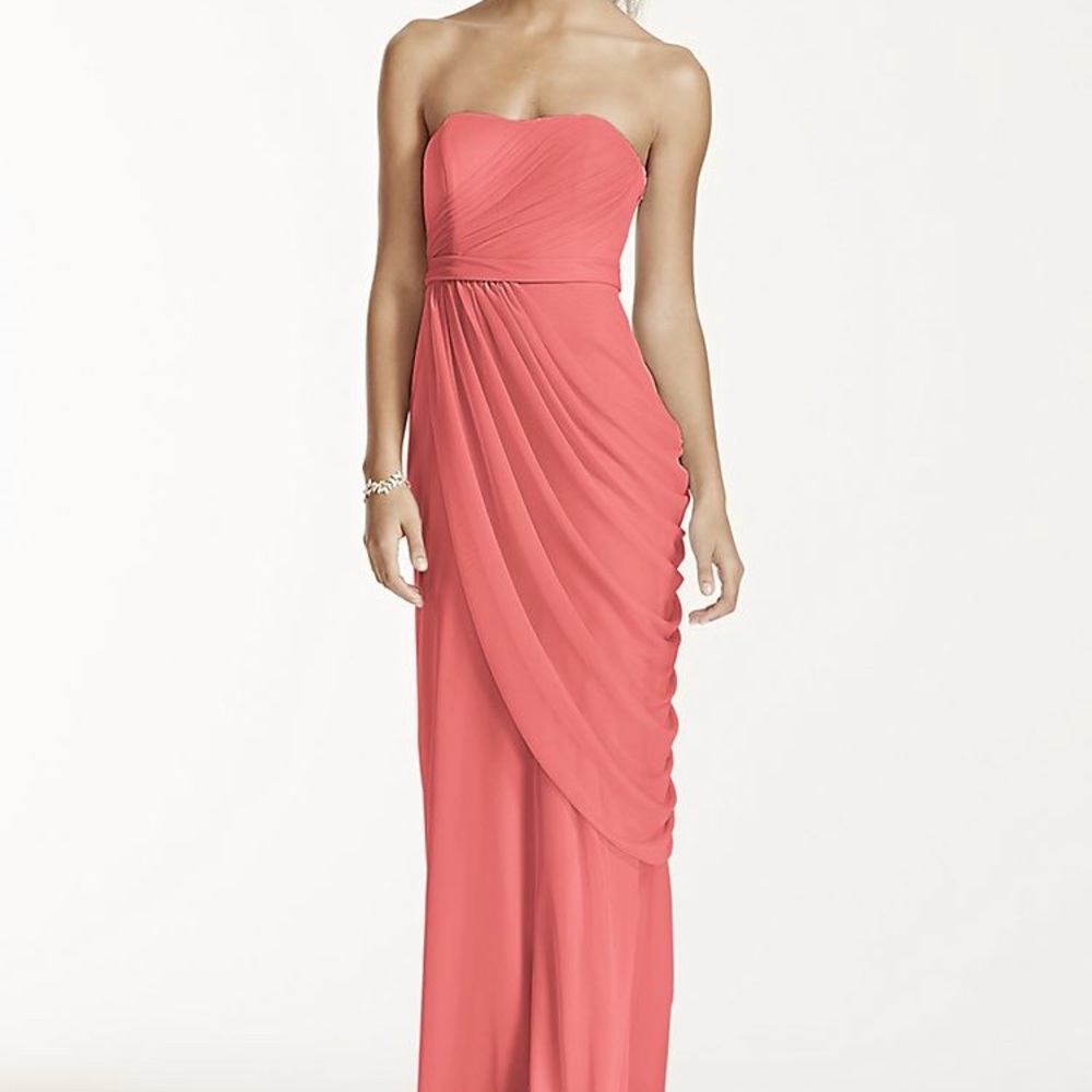 David’s Bridal Long Coral Strapless Mesh Dress